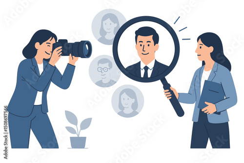 Recruitment talent search concept. HR manager magnifying glass finding ideal candidate. Employee selection headhunting process hiring. Job interview business vector