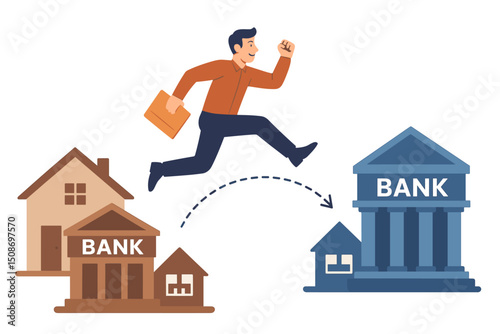 Businessman jumping between banks mortgage refinance concept. Financial leap bank switching loan transfer. Business decision investment change metaphor vector illustration