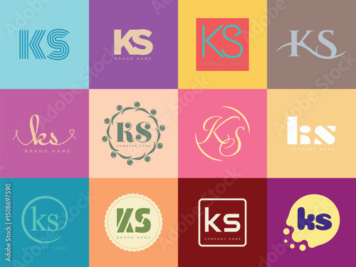 KS logo company template. Letter k and s logotype. Set different classic serif lettering and modern bold text with design elements. Initial font typography.