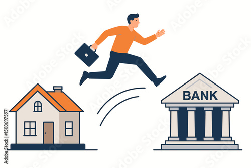 Mortgage refinance leap businessman jumping house to bank building. Home loan financial transition concept. Property investment banking business metaphor real estate vector illustration
