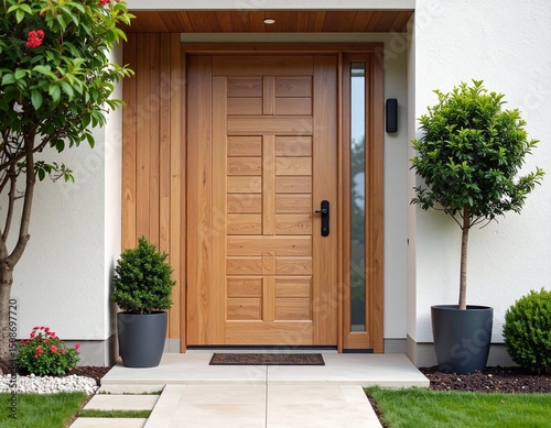 Modern entrance, simple wooden front door