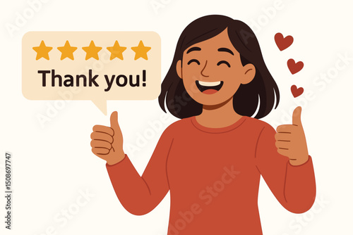 Happy satisfied customer giving five star review with thumbs up thank you speech bubble positive feedback testimonial rating experience woman smiling grateful appreciation concept