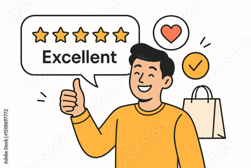 Happy customer feedback concept. Satisfied client giving thumbs up with five star rating review. Excellent service testimonial. Positive shopping experience satisfaction vector illustration