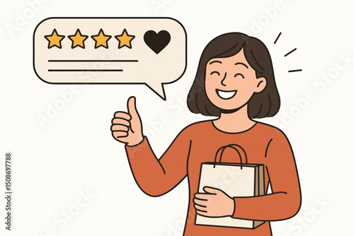 Happy customer giving thumbs up with five star rating feedback review. Satisfied shopper with shopping bags testimonial. Positive consumer experience evaluation satisfaction concept vector