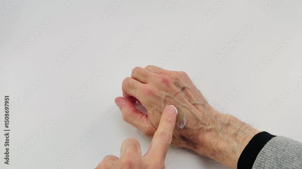 primo piano di mano maschile con dito che distribuisce uniformemente una crema sul dorso della mano