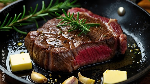 Delicious Hot Beef Ribeye Meat Juicy Steak Fried In Iron Pan With Rosemary, Olive Oil, Garlic Cloves, Butter And Pepper, Close-Up, View From Above photo
