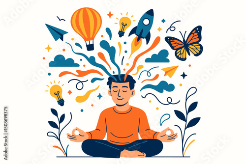 Mindful innovation meditation creative thinking concept. Business brainstorming ideas imagination. Mental health wellness mindfulness. Lightbulb rocket butterfly startup dreams inspiration