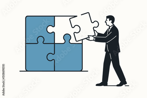 Business solution puzzle concept. Businessman placing final missing piece. Problem solving strategy completion. Corporate teamwork success achievement metaphor. Leadership challenge goal.