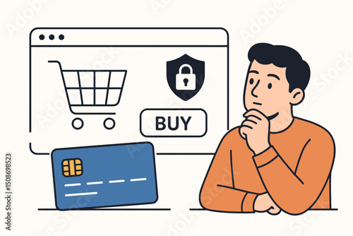 Secure online shopping ecommerce man thinking digital payment credit card transaction protection web browser interface shield lock buy button safe purchase vector concept illustration