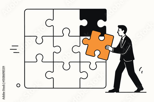 Businessman holding orange puzzle piece solution concept. Missing final piece problem solving strategy metaphor. Corporate leadership success completion teamwork achievement challenge goal