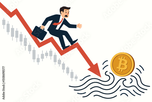 Businessman falling down market crash red arrow with Bitcoin cryptocurrency coin drowning into water waves. Financial loss investment trading risk volatility decline economic crisis