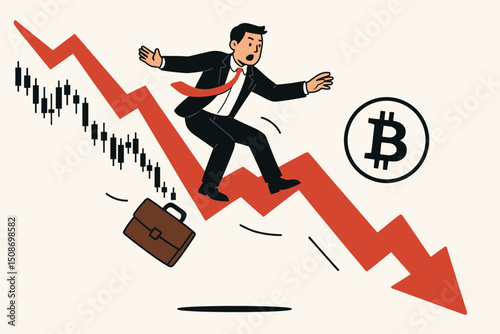 Bitcoin cryptocurrency market crash businessman falling down red arrow decline chart investment loss bear market trading financial crisis stock volatility panic