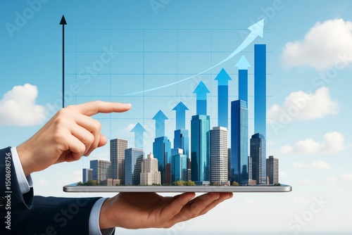 Businessman holding tablet with growing city skyline and rising bar chart arrows representing success and urban economic growth on blue background. photo