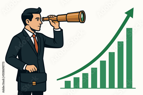 Investment opportunities ahead. Businessman with telescope views rising financial graph. Market growth, stock forecast, profit vision. Strategic planning for business success. Finance concept.