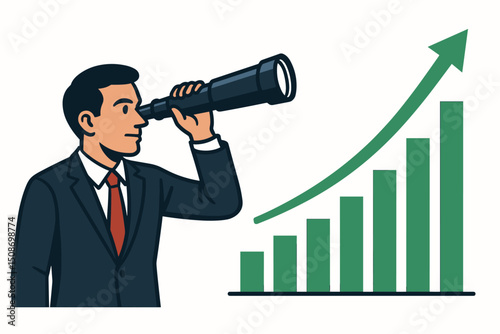 Businessman with telescope. Investment forecast. Rising bar chart. Financial growth concept. Business vision. Market analysis. Strategic planning. Economic outlook. Success opportunity.