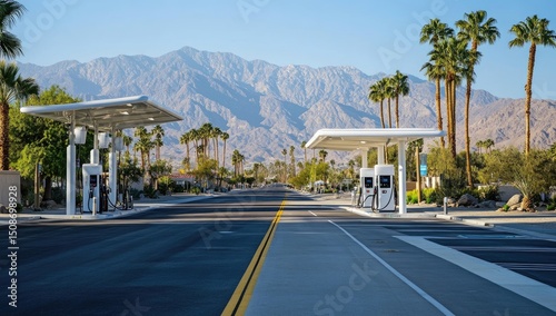 A new clean energy gas station in Palm Springs, with electric charging stations and white canopies over the cash registers. In front of it is an empty road with palm trees on each side.