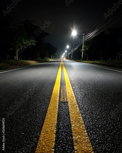 어두운 밤 가로등 아래 고요한 도로 풍경 AI 생성
