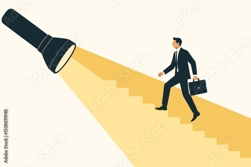 Career path guidance. Businessman ascends illuminated stairway, spotlighted by flashlight. Symbol of professional growth, ambition, leadership, vision, progress, strategy, and future success.