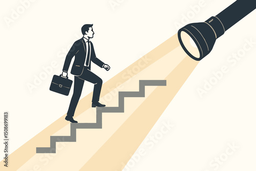 Guided Career Path: Businessman with briefcase climbs stairs illuminated by flashlight. Concept of professional growth, ambition, direction, progress, success, leadership support.