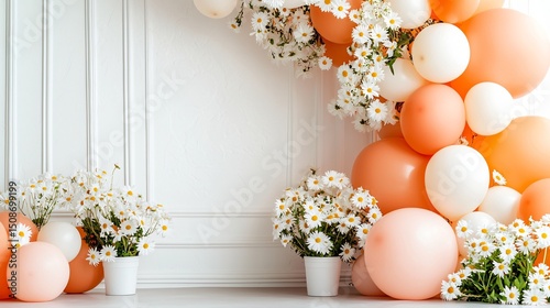 coral-blush balloon arch with delicate curvature, styled beside white daisy blooms in ceramic pots, resting on silky cream floor, framed by matte wall with fine texture
