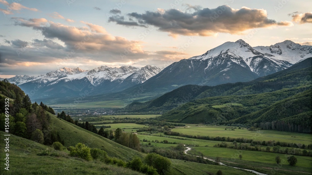 Fototapeta premium Ultra realistic photography of a mountain landscape at sunrise, with soft, natural light, slightly cloudy sky, a green valley in the foreground and snow-capped peaks in the background