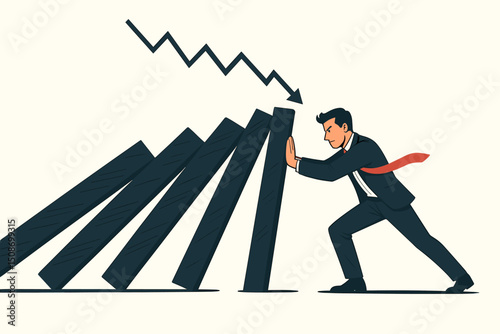 Businessman Stopping Domino Effect Crisis. Leadership Preventing Financial Collapse. Risk Management, Problem Solving, Crisis Intervention, Market Downturn Concept, Economic Stability, Resilience