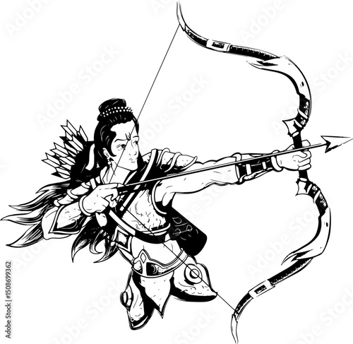Lord Rama holding Bow and Arrow in Happy Dussehra festival of India background