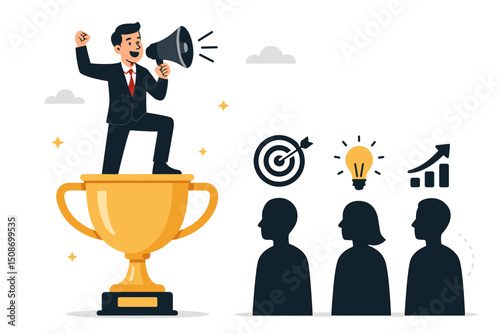 Business leadership success concept. Confident businessman on trophy with megaphone inspiring team. Motivation, teamwork, achieving goals, idea innovation, business growth, target, leadership triumph