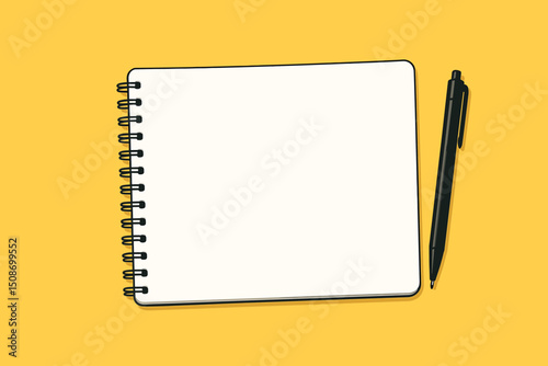 Spiral notebook with blank white pages and black pen on vibrant yellow background. Stationery mockup for notes, sketching, journaling, writing, office, back to school, creative workspace concept