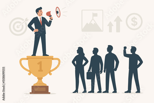 Business leader with megaphone standing on first place trophy, motivating and inspiring diverse corporate team to achieve goals, success, leadership, teamwork, recognition, career growth, achievement