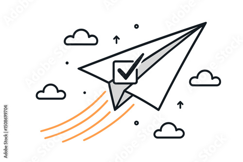 Paper Airplane Success Concept, Flying with Check Mark, Achievement, Goal Reached, Completed Task Symbol, Motivation, Line Art Illustration, Upward Progress, Business Startup Inspiration