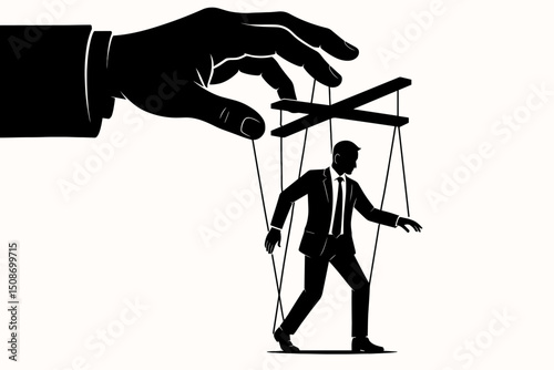 Manipulation control concept. Giant hand puppeteer controlling businessperson like marionette. Corporate power, workplace control, influence, leadership, management metaphor. Vector illustration