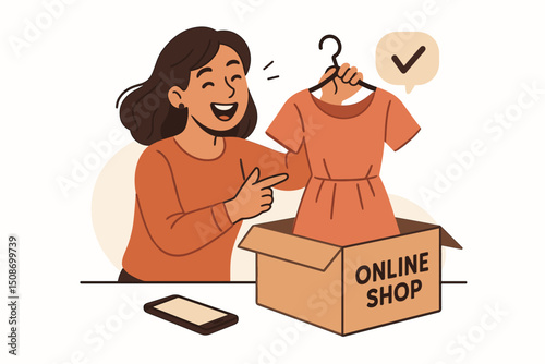 Happy woman unboxing dress from online shopping delivery. Hand holding hanger with new clothing purchase, pointing with excitement. E-commerce fashion, package box, retail, smartphone concept