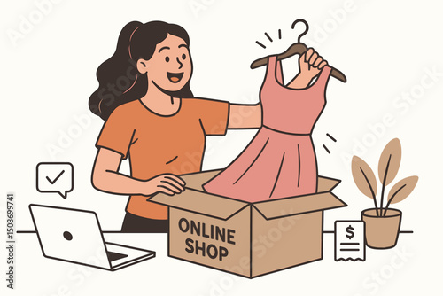 Woman Unboxing Online Shopping Package with New Pink Dress, Ecommerce Delivery Concept, Fashion Retail Customer Purchase, Clothing Store Order, Home Delivery Service Illustration