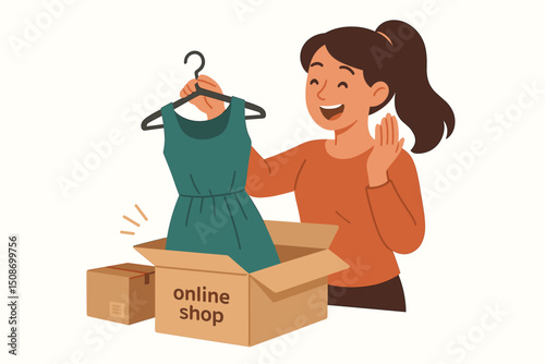 Happy woman receiving new dress from online shopping box. Excited customer opening order package. E-commerce, fashion delivery, internet retail, unboxing clothing purchase, home shopping concept.