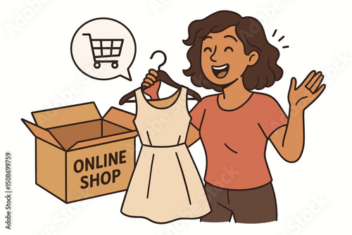 Woman unboxing dress from online shop. E-commerce purchase review. Fashion clothing delivery concept. Shopping box, female customer holding new outfit. Cart icon. Online retail experience