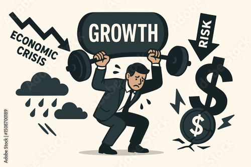 Corporate growth struggle: Businessman under pressure lifting heavy 'Growth' barbell during economic crisis. Financial risk, recession, market challenge, investment burden, cartoon vector.