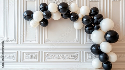 classic black and white balloon arch for modern event, evenly spaced on polished off-white tiles, framed by stucco wall in pastel gray hue with clean light direction