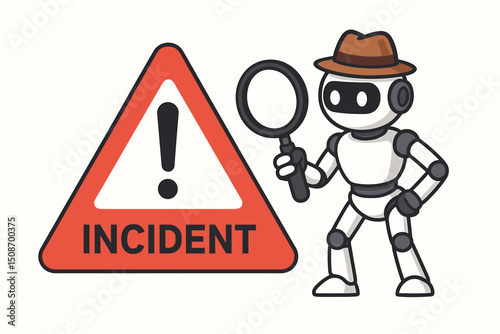 Robot detective investigates IT incident with magnifying glass. AI for cybersecurity, tech support, data analysis, problem solving, risk assessment, system alert. Warning sign vector.