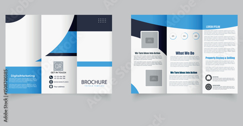 Blue Business Trifold Brochure Template. Corporate Real Estate Layout.