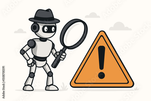 Detective Robot with Magnifying Glass Investigating Warning Sign, AI Detective Concept, Technology Investigation, Futuristic Search and Analysis Illustration