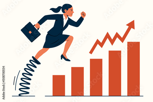 Ambitious Businesswoman Jumping Over Bar Chart with Springboard, Growth Success Concept, Achieving Financial Goals, Career Progress, Upward Arrow, Motivation, Leadership, Corporate Achievement