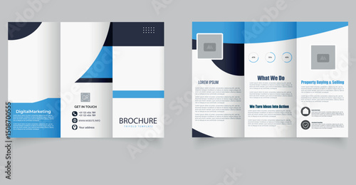 Blue Business Trifold Brochure Template. Corporate Real Estate Layout.
