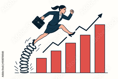 Businesswoman leaping over financial growth bar chart, springboard jump to success, achieving career goals, overcoming obstacles, rising profits, upward momentum, corporate ambition concept