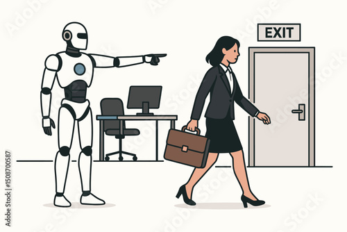 Artificial Intelligence Replaces Office Worker Concept. Robot Fires Businesswoman, Automation and Job Loss, AI Technology Impact, Modern Workplace, Employment Crisis, Futuristic Business Scene
