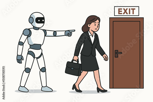 Artificial intelligence robot replacing businesswoman, concept of automation, job loss, technology replacing human workers, corporate layoffs, digital workforce, exit door metaphor illustration