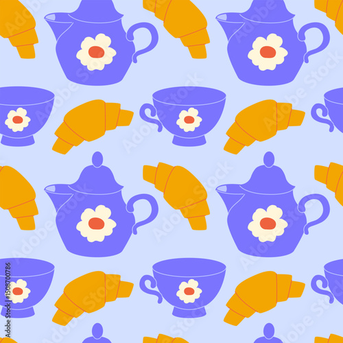 Party with croissant seamless pattern on light background