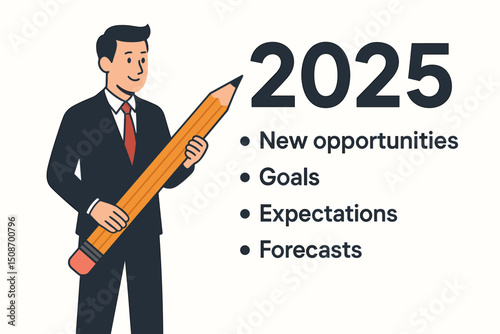 2025 Business Planning Vision Concept. Businessman in suit holding giant pencil setting new goals, exploring opportunities, making forecasts and expectations for successful future strategy