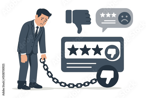 Negative Online Review Impact Concept. Sad Businessman in Suit Dragged Down by Low Star Rating, Thumbs Down, Unhappy Feedback, Customer Complaints, Reputation Crisis, Social Media Response