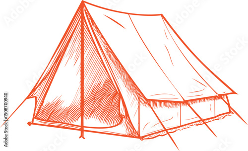 Simple orange line drawing of a classic camping tent. Vector illustration